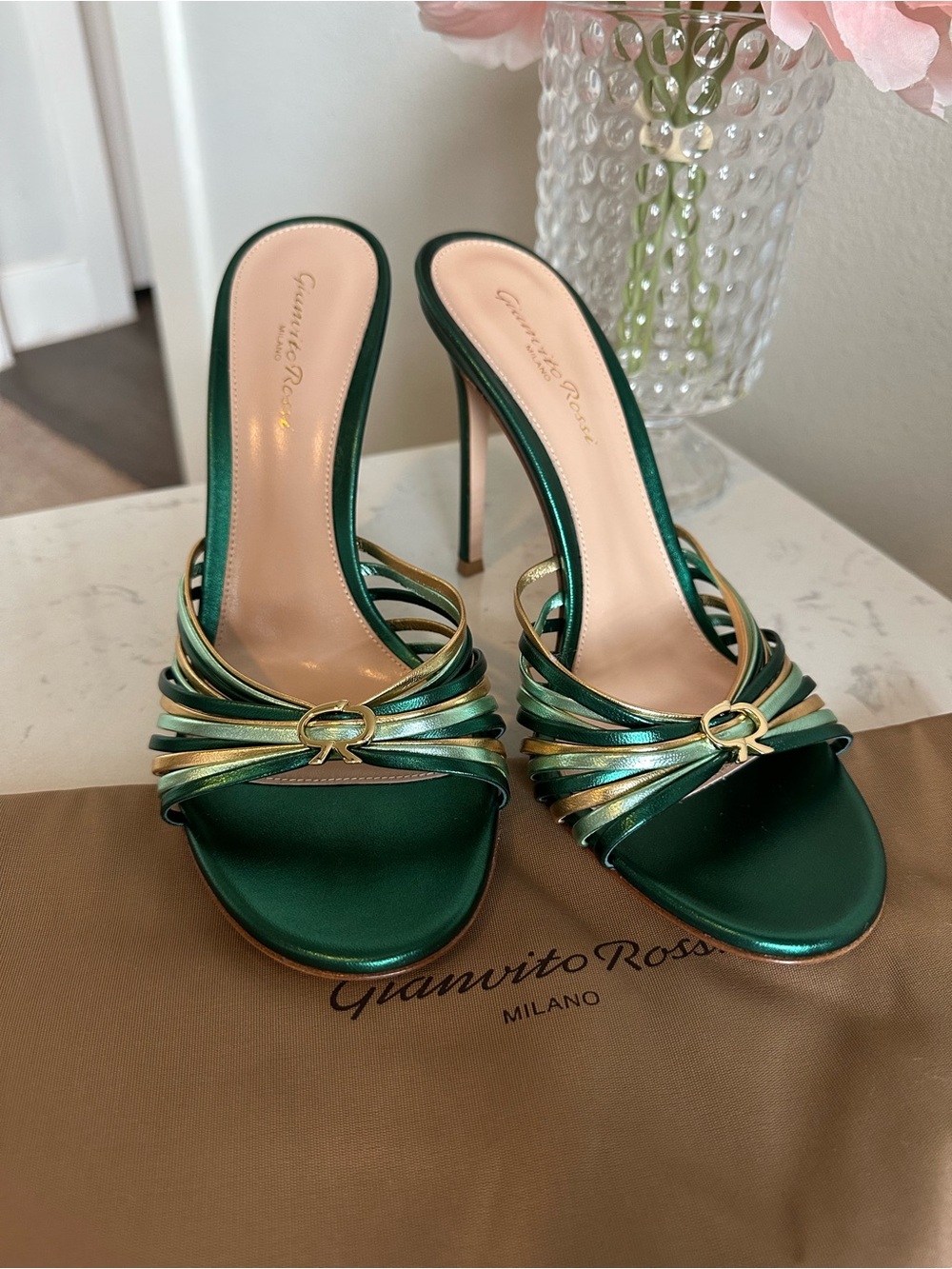 NWT Gianvito Rossi Green/Gold Leather Stiletto Sandals Size EU39.5 - Picture 5 of 11